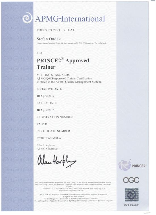 certifikát PRINCE2 Approved Trainer 2012-2015